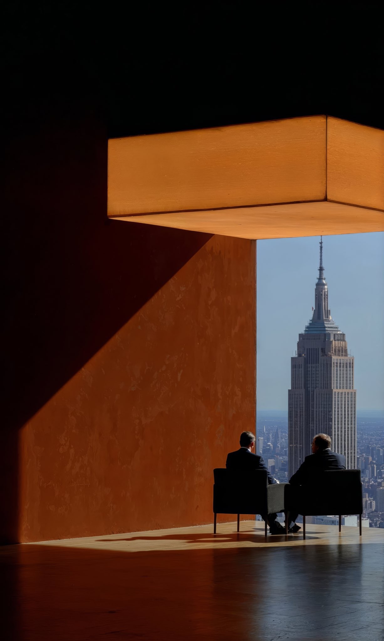 Two people in conversation, the city skyline beyond
